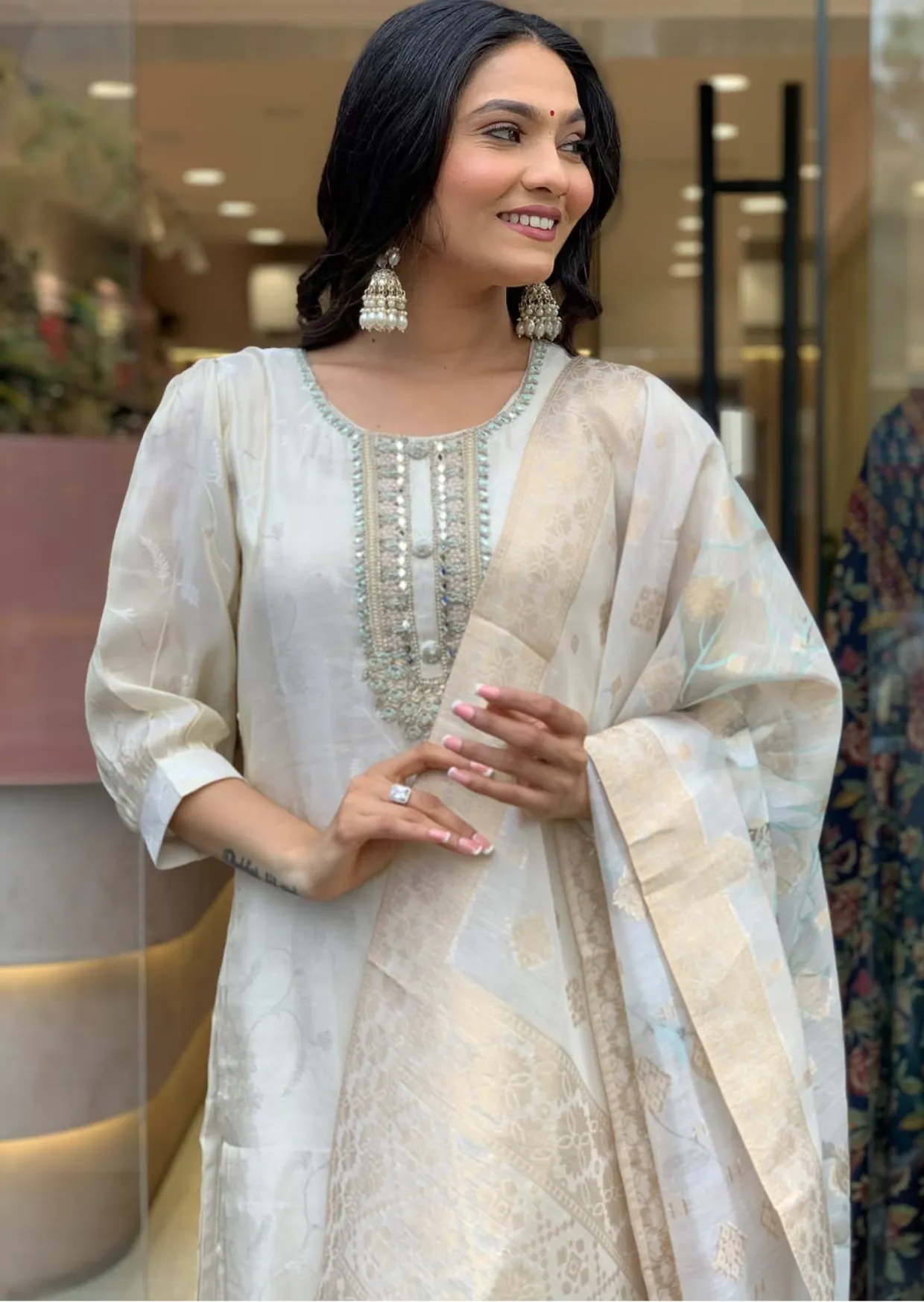 Luxe Russian Silk Jacquard Suit Set with Zari Dupatta